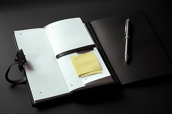 Caderno aberto com anotações e caneta